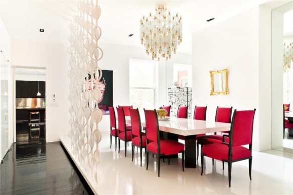 Pink-Chairs-With-White-Table-Under-Beautiful-Chandelier-For-Dining-Room